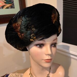 Pheasant Feather Hat / MCM High Fashion or Costume Hat of Black & Brown Feathers